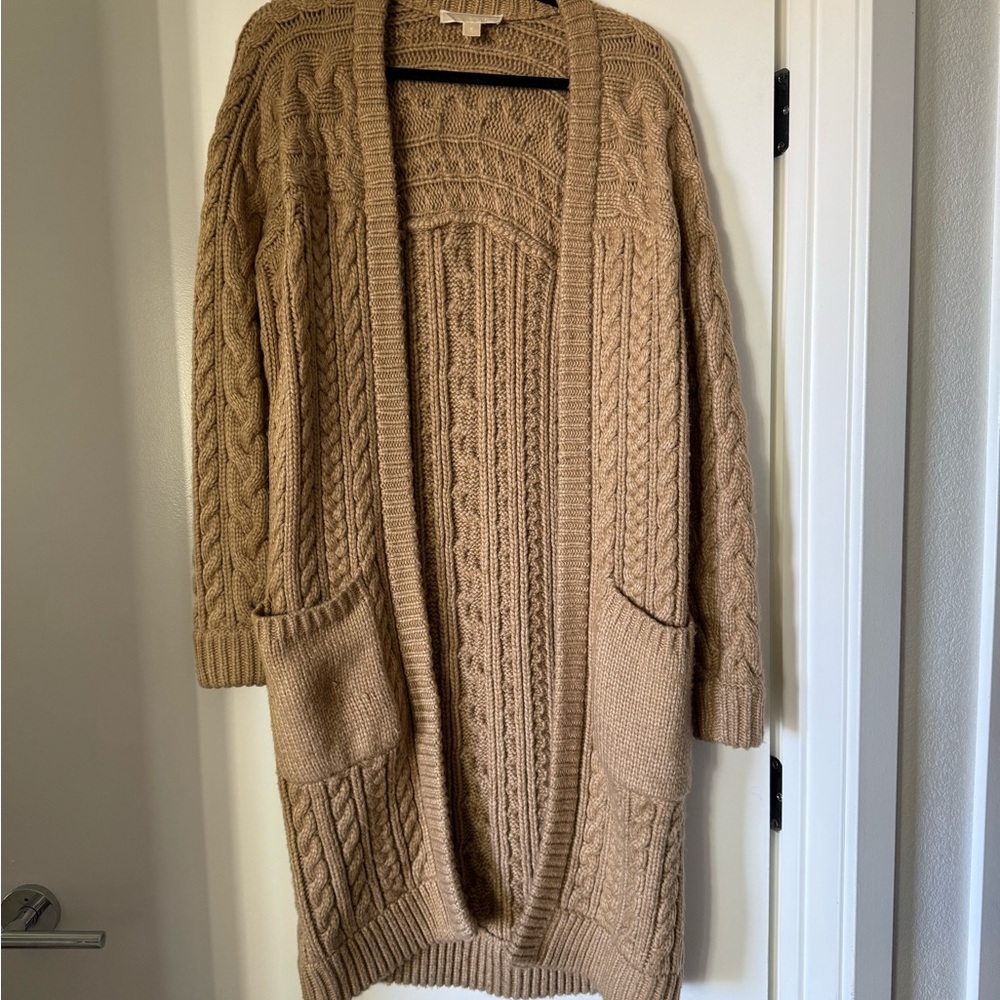 Cozy Cable Knit Michael Kors Cardigan Sweater Long - Tan